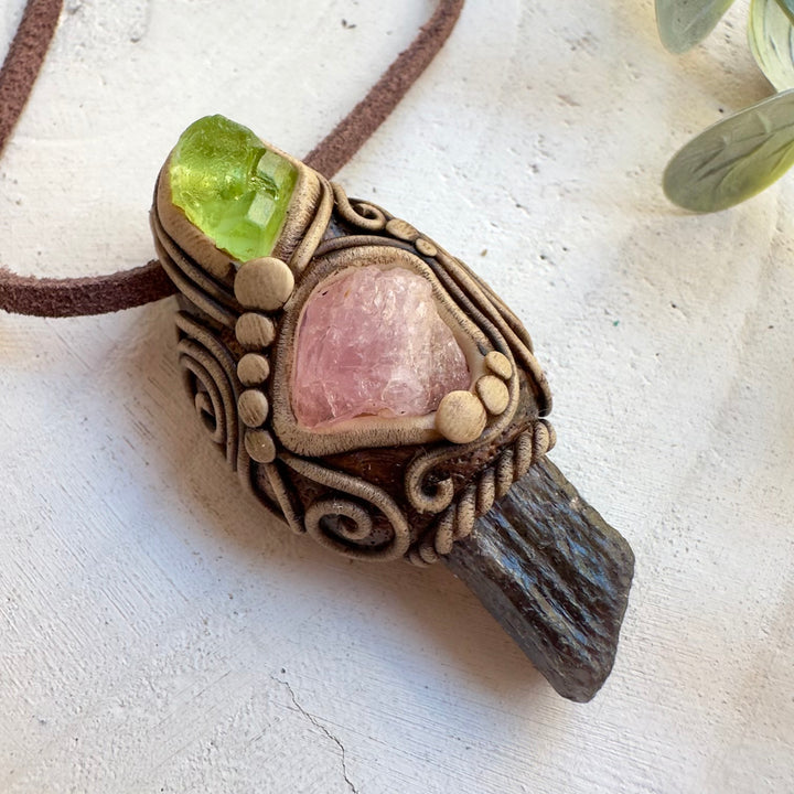 One of a kind healing crystal jewelry with raw morganite scapolite and peridot
