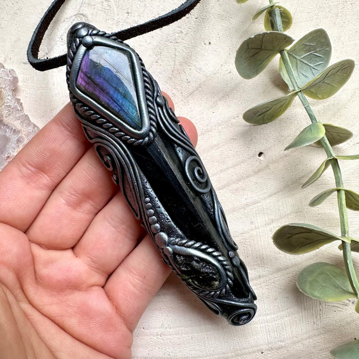 Spiritual talisman necklace with moldavite and vivianite