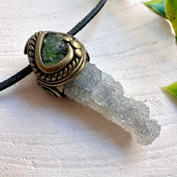 Natural Apophyllite on Chalcedony pendant paired with Moldavite