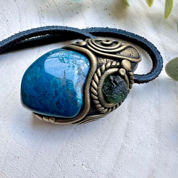 Natural gemstone necklace with shattuckite and moldavite