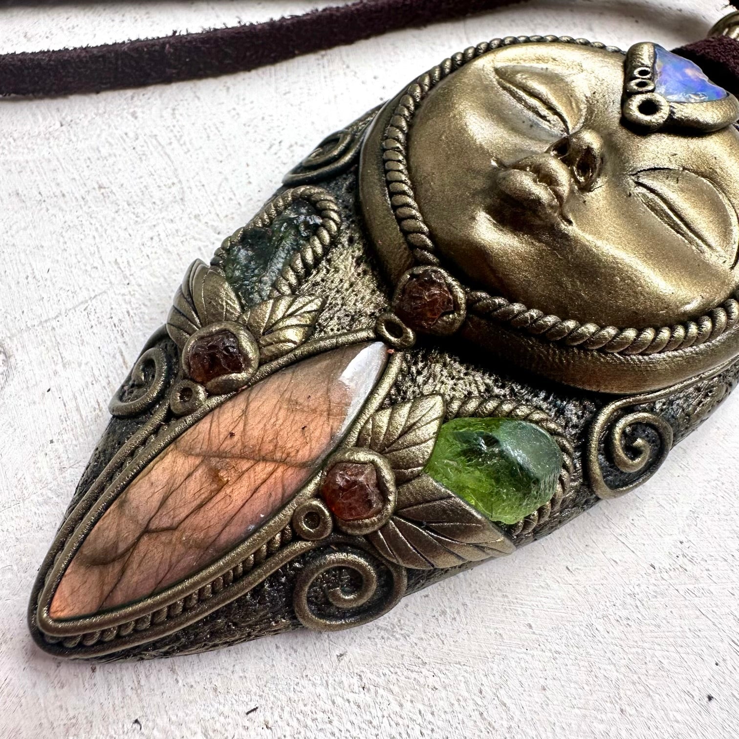 Goddess amulet necklace with Labradorite, Peridot, Moldavite, Raw Ethiopian Opal and Hessonite Garnet