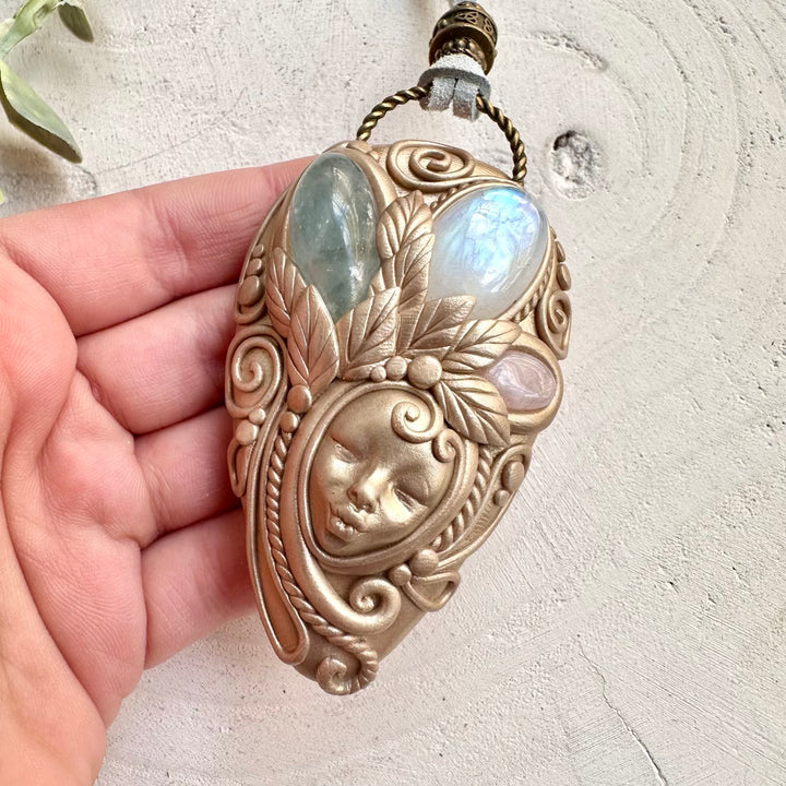 Goddess clay necklace with rainbow moonstone celestite and morganite