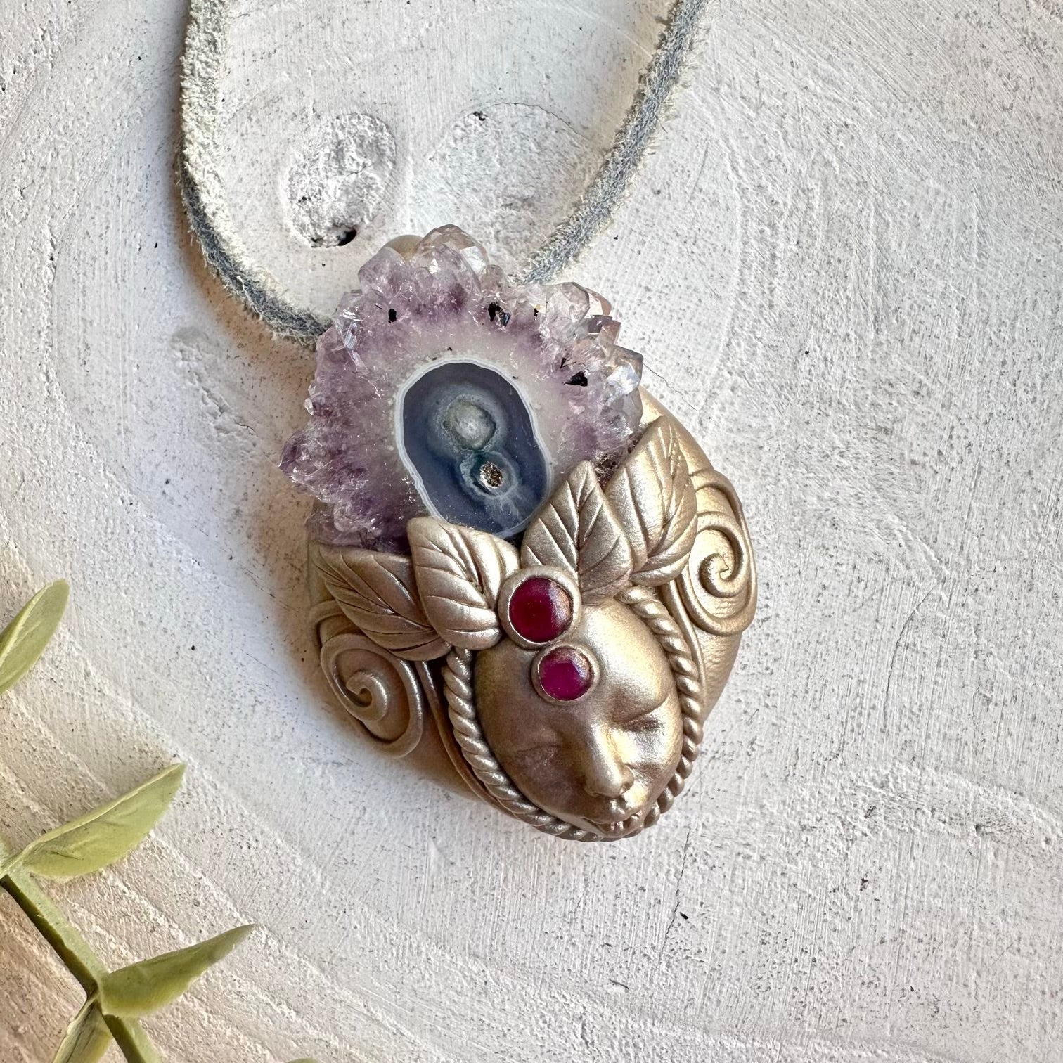 Boho jewelry protection amulet goddess crystal necklace with purple and red gemstones