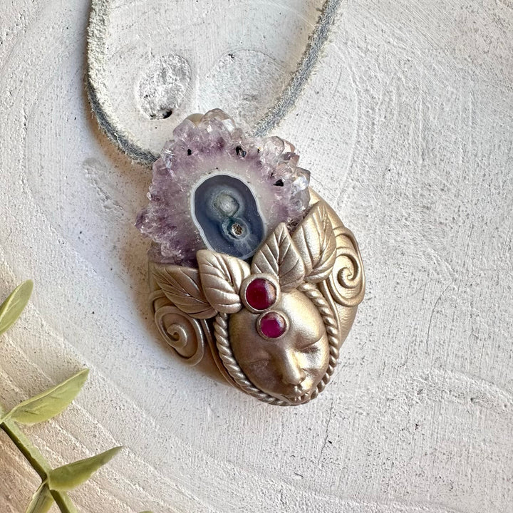 Boho jewelry protection amulet goddess crystal necklace with purple and red gemstones
