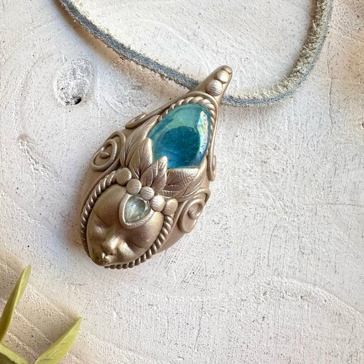 Goddess Crystal talisman necklace with aqua aura quartz and blue topaz
