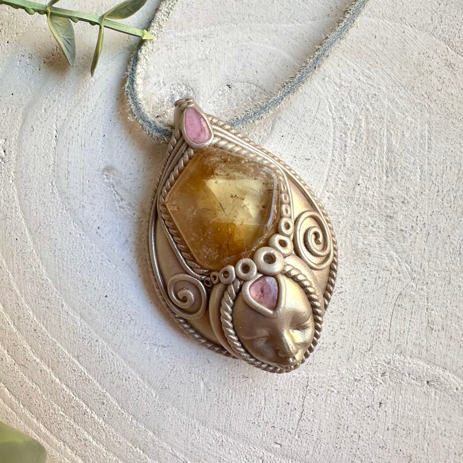 Natural Citrine and Pink Tourmaline goddess pendant necklace handmade