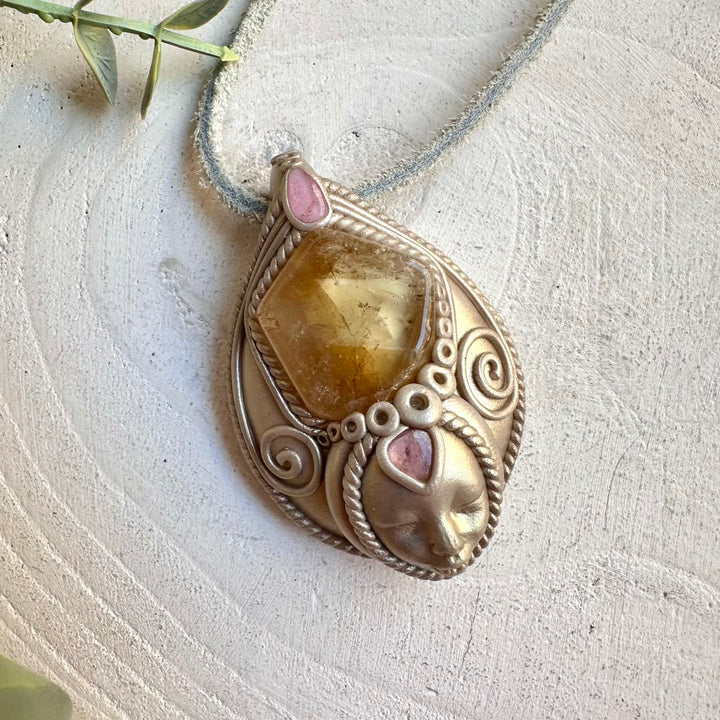 Natural Citrine and Pink Tourmaline goddess pendant necklace handmade
