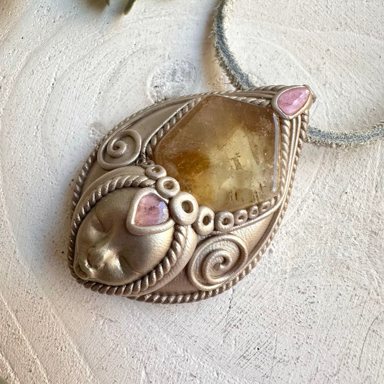 Healing crystal necklace fantasy jewelry citrine and pink tourmaline goddess