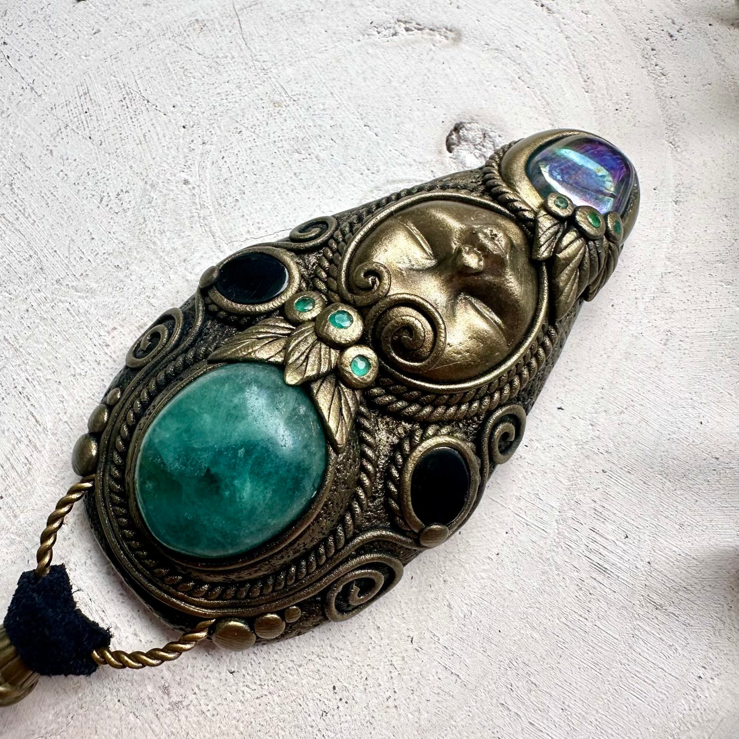 Goddess crystal necklace with Green Fluorite, Aqua Aura Quartz, Black Onyx and Emerald