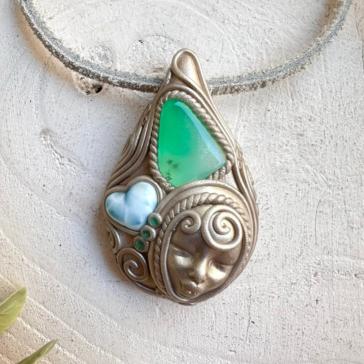 Spiritual crystal necklace talisman with chrysoprase emerald and larimar