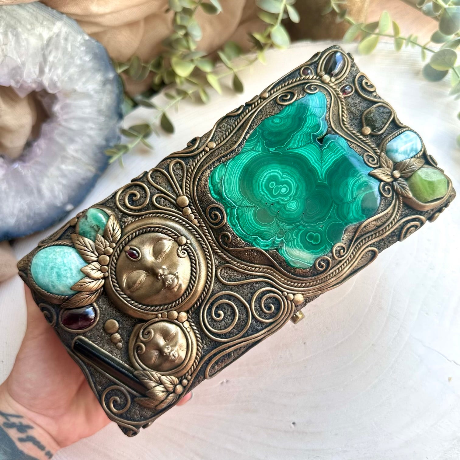 Handmade goddess wooden box with malachite amazonite and moldavite crystals