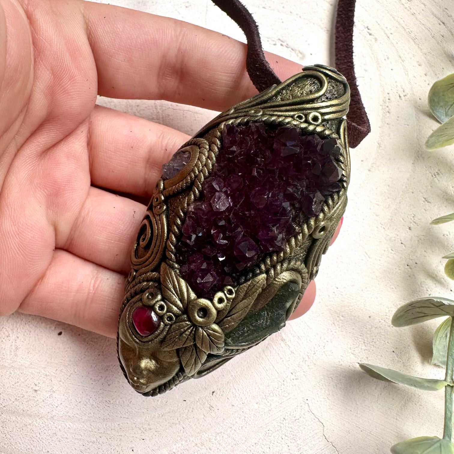 Goddess necklace with Amethyst Cluster, Moldavite, Tanzanite and Rhodolite Garnet handmade with natural gemstones