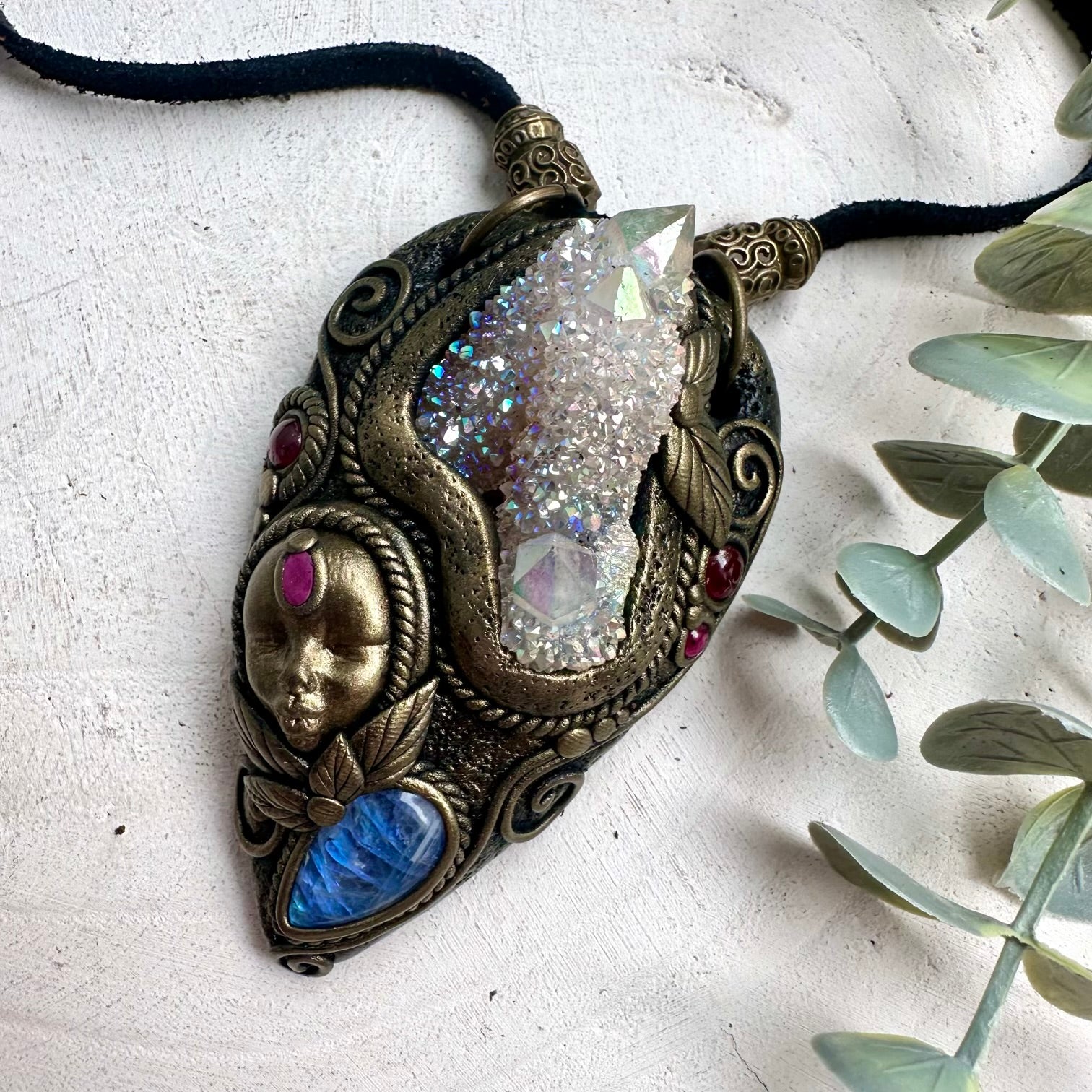 Angel Aura Spirit Quartz Goddess Necklace with Moonstone, Ruby & Garnet – Spiritual Healing Jewelry