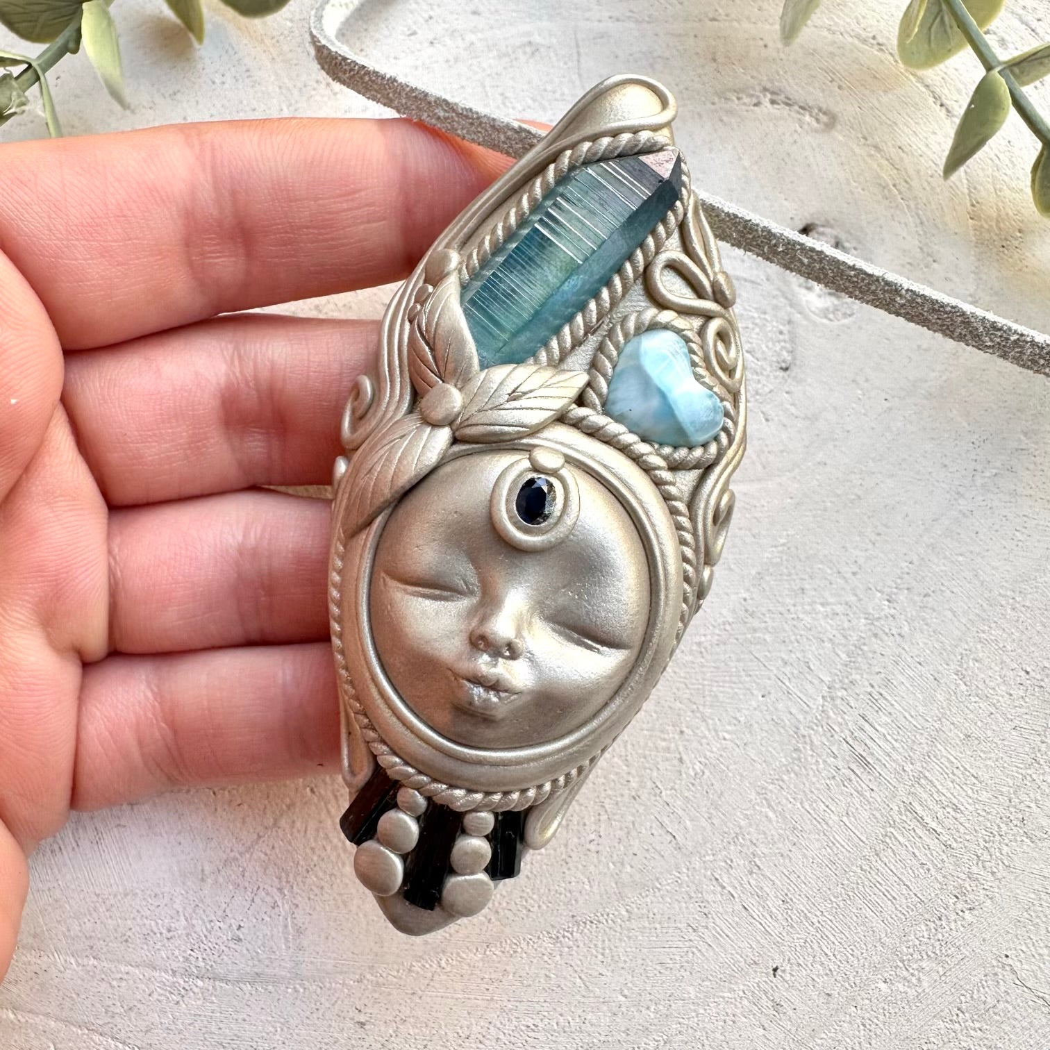 Goddess necklace with aqua aura quartz larimar heart blue tourmaline and blue sapphire