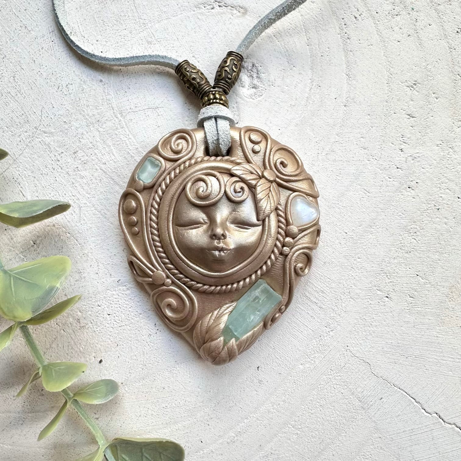 Goddess necklace with aquamarine rainbow moonstone heart and blue topaz