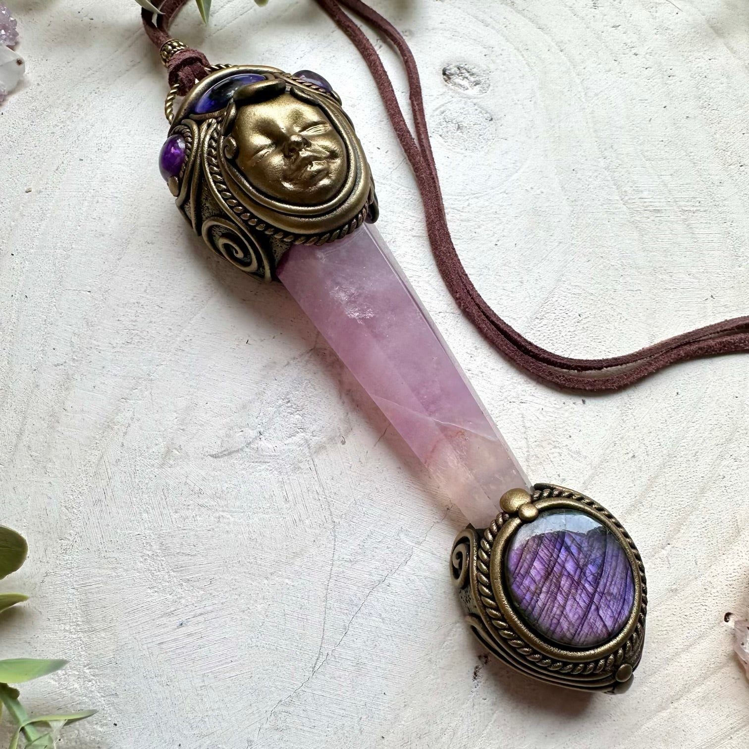 Energy healing crystal necklace with fluorite and amethyst