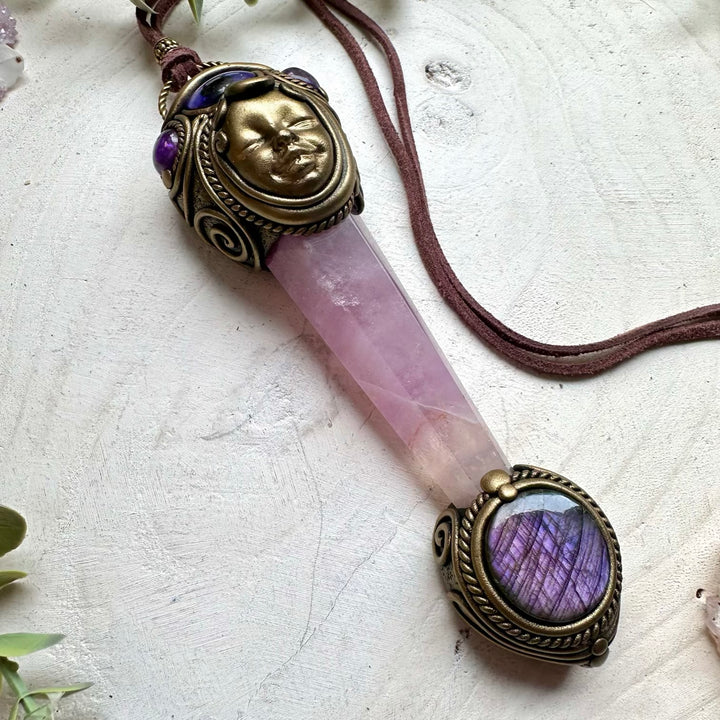 Energy healing crystal necklace with fluorite and amethyst