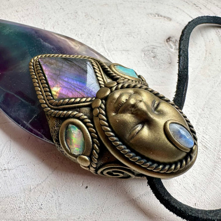 Spiritual goddess necklace with fluorite and moonstone crystals