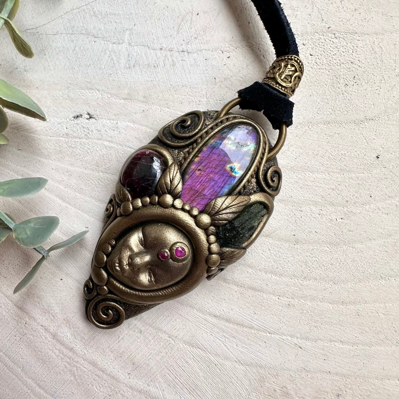 Goddess necklace with labradorite rhodolite garnet moldavite and ruby