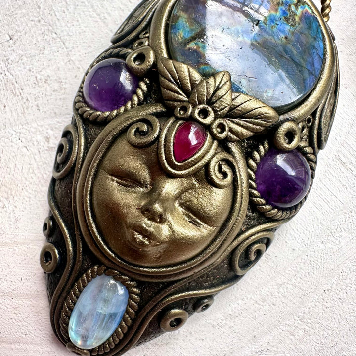 Goddess necklace with Labradorite, Rainbow Moonstone, Amethyst and Rhodolite Garnet