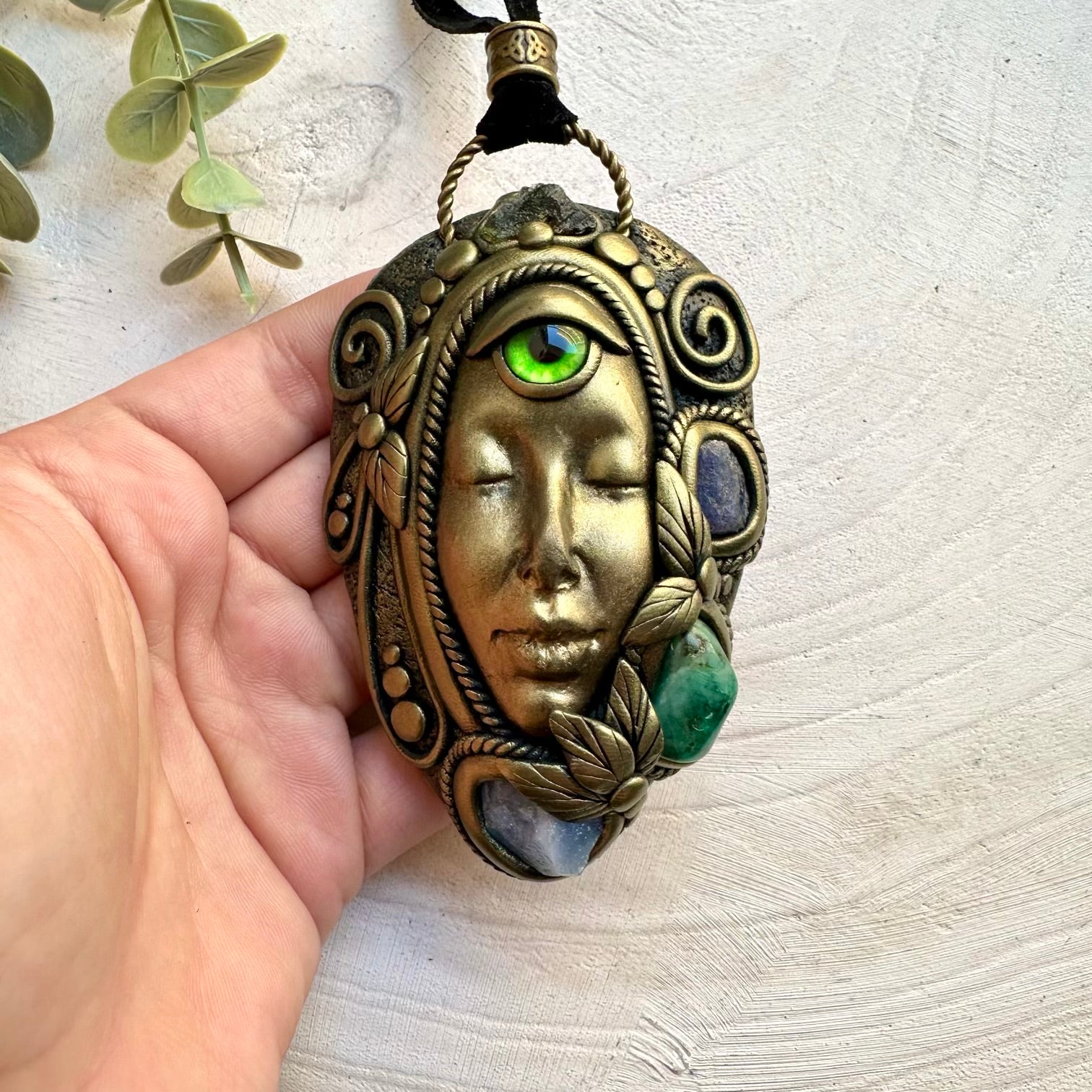 Handmade goddess necklace with emerald tanzanite and moldavite crystals