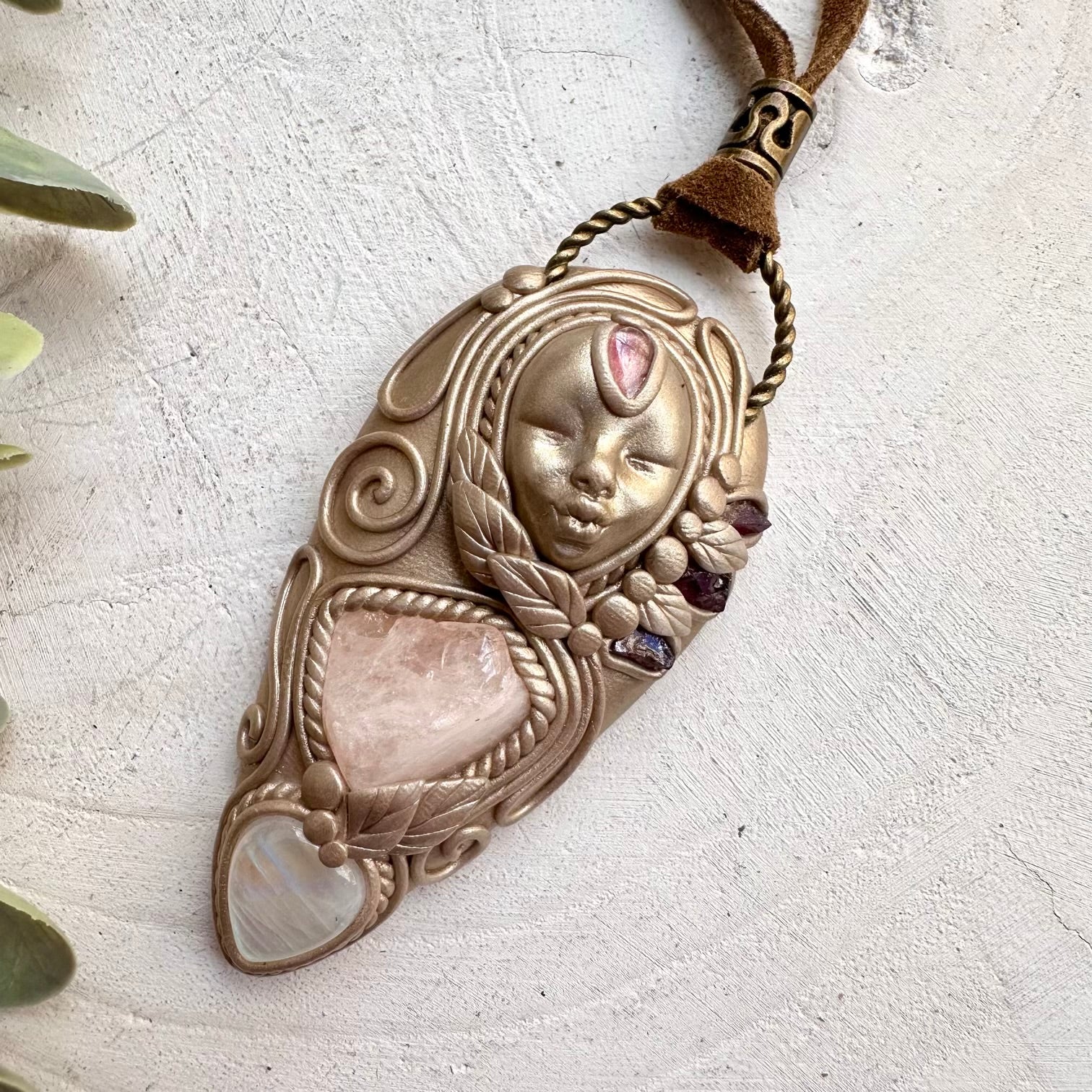 Goddess necklace with morganite rainbow moonstone rhodolite garnet and pink tourmaline
