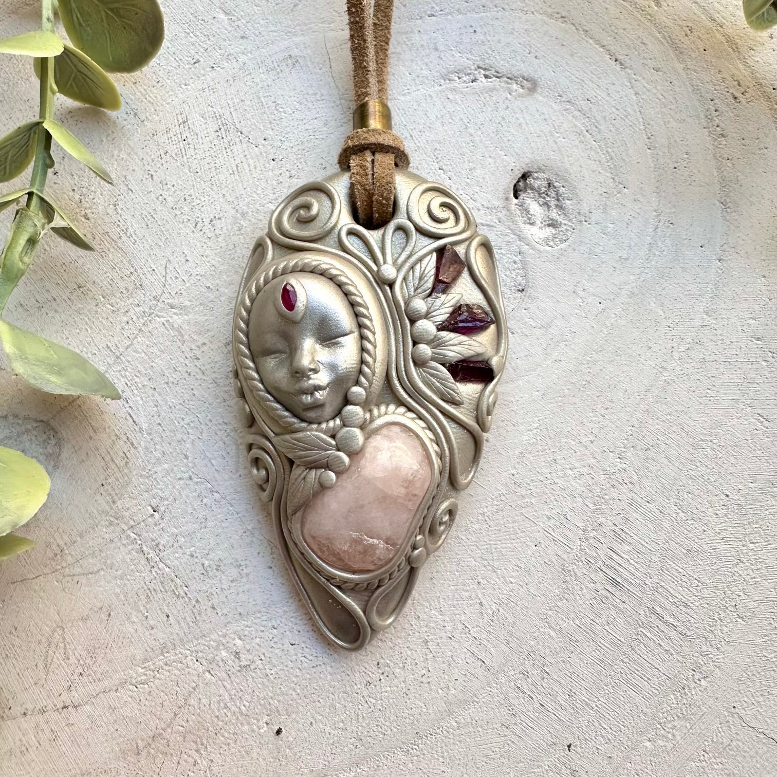 Goddess necklace with morganite rhodolite garnet and ruby