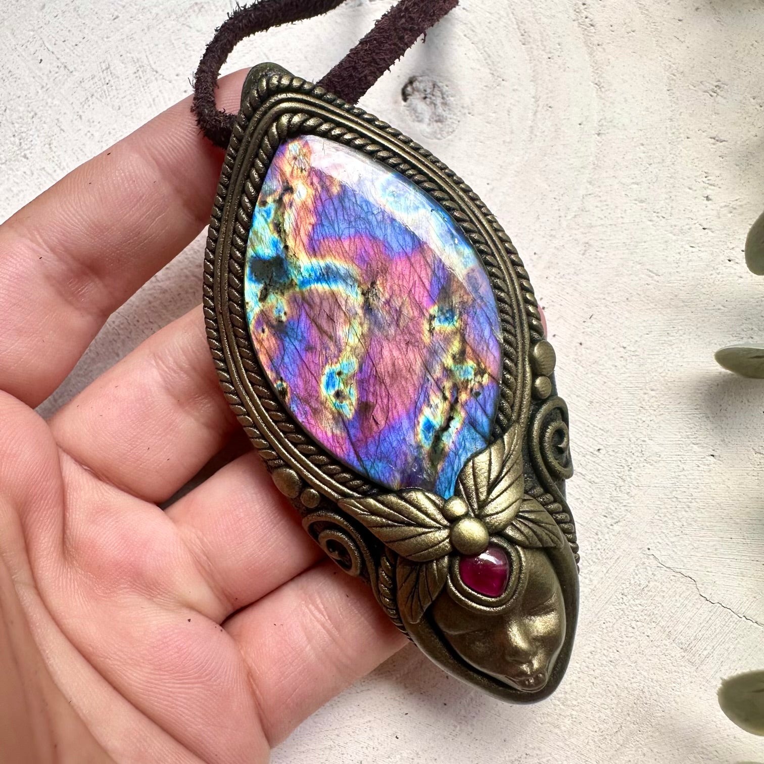 Goddess necklace with Rainbow Labradorite and Rhodolite Garnet handmade with natural gemstones