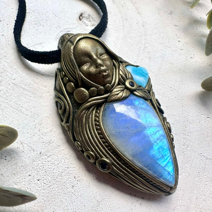 Goddess necklace with Rainbow Moonstone, Larimar Heart and Blue Sapphire handmade with natural gemstones