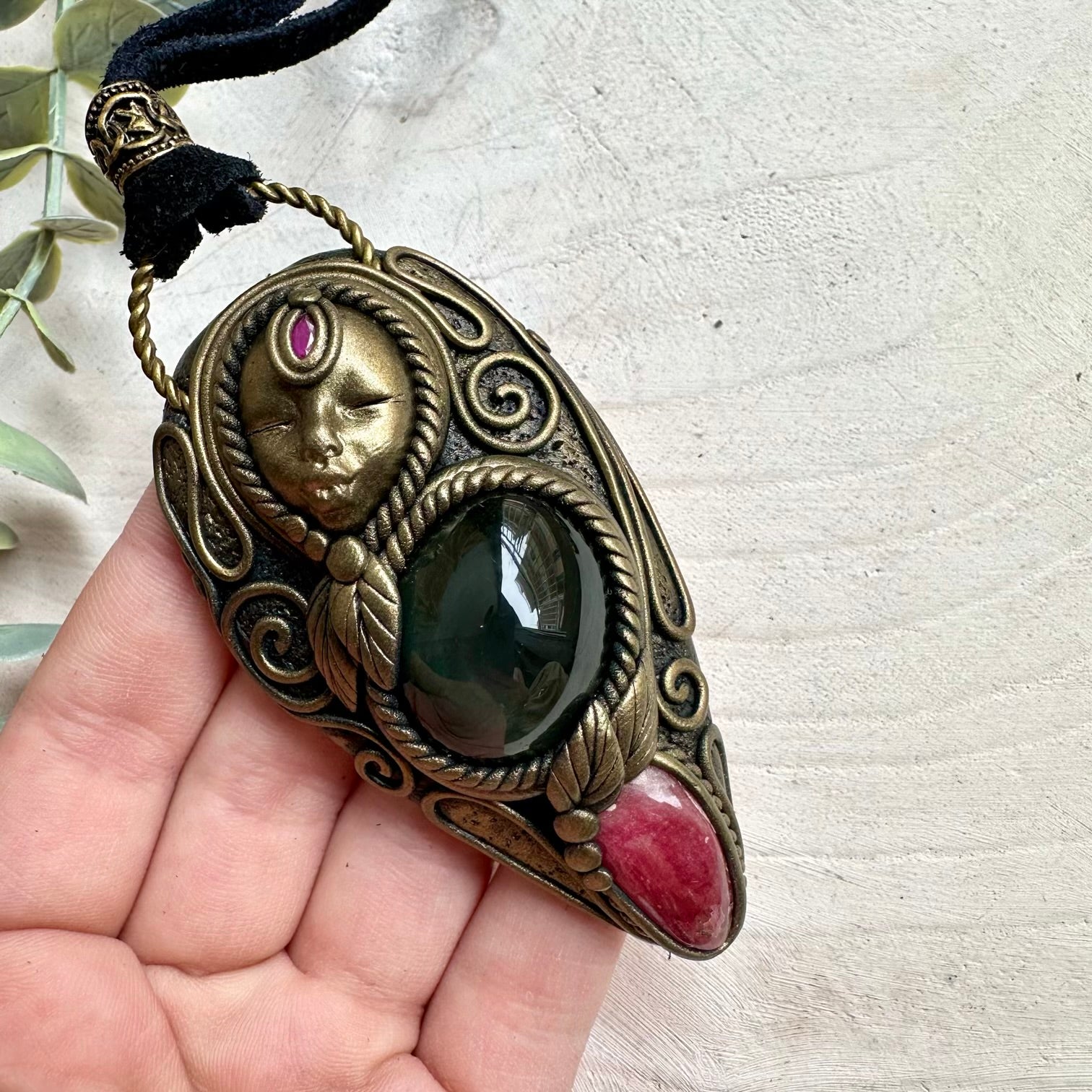 Goddess necklace with rainbow obsidian rhodonite and ruby