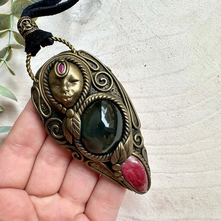 Goddess necklace with rainbow obsidian rhodonite and ruby