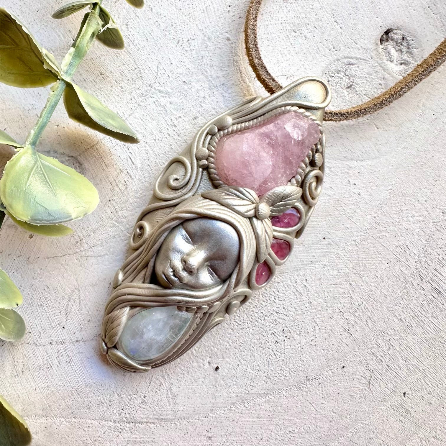 Goddess necklace with raw morganite pink tourmaline and moonstone