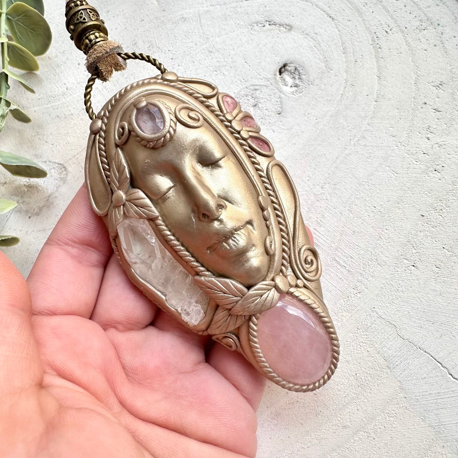 Goddess necklace with rose quartz faden quartz pink tourmaline and amethyst