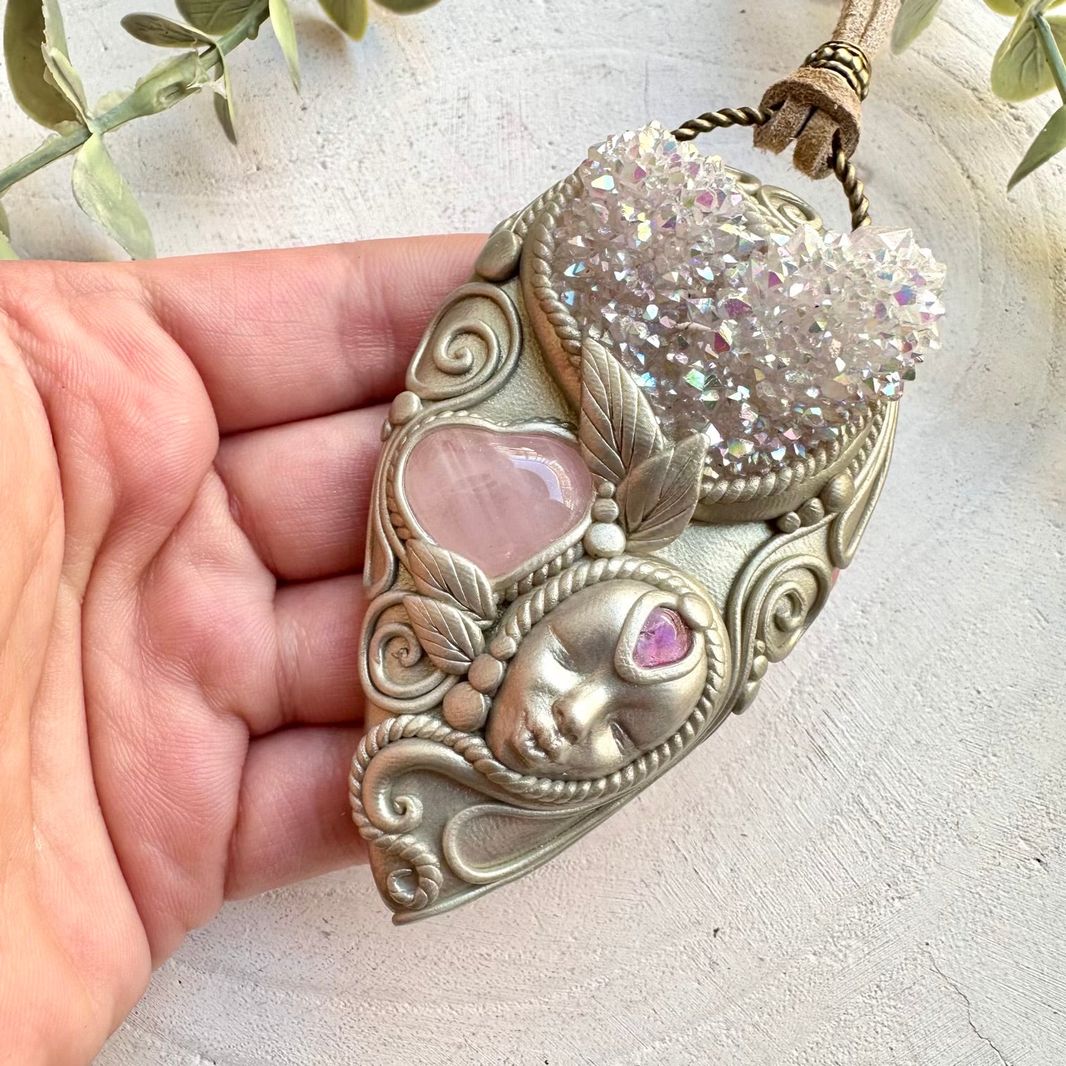 Goddess necklace with angel aura quartz rose quartz heart and pink tourmaline