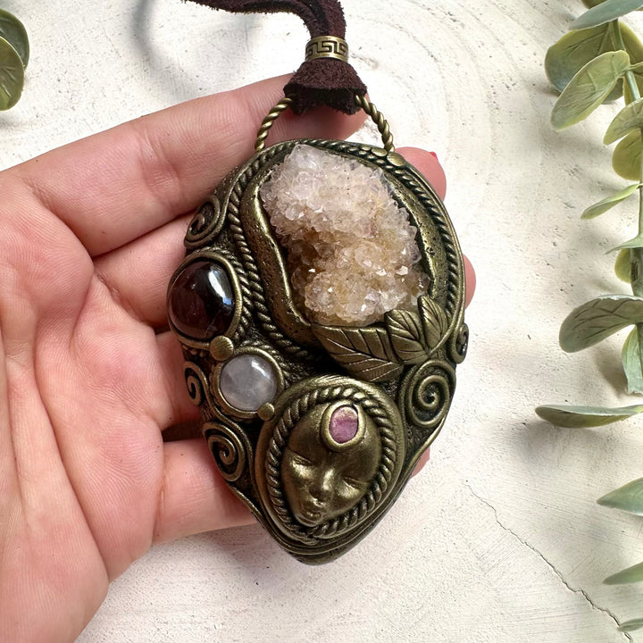 Goddess necklace with Spirit Quartz, Rose Quartz, Garnet and Ruby handmade with natural gemstones