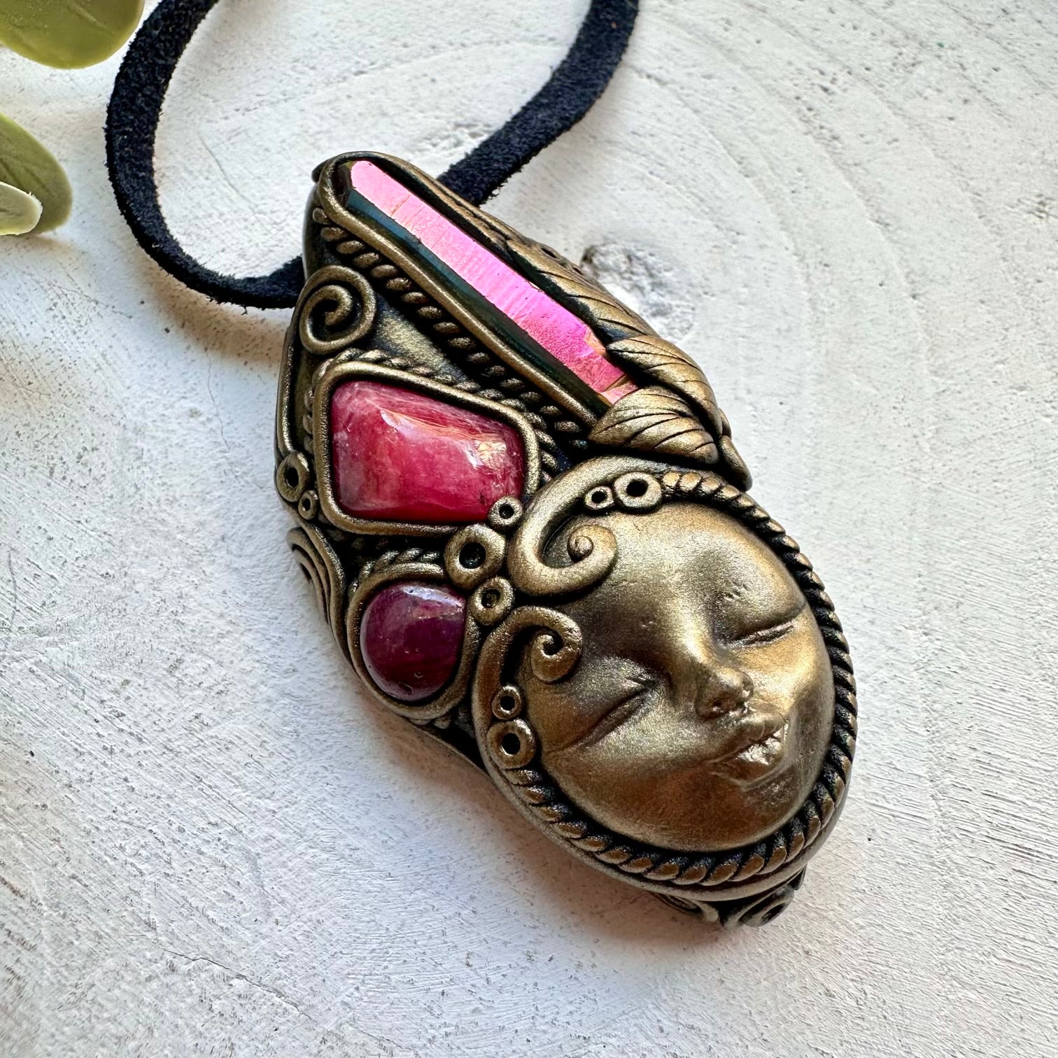Goddess necklace with sunset aura quartz rhodonite and ruby