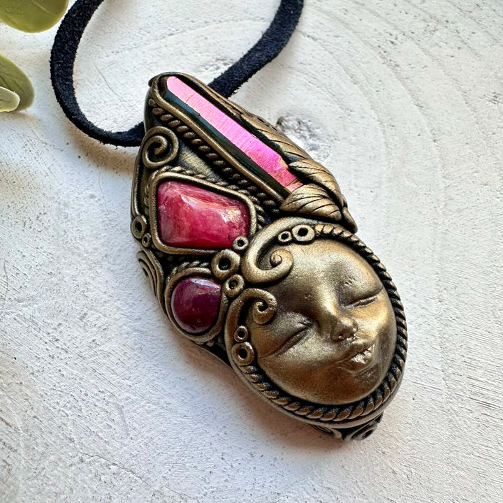 Goddess necklace with sunset aura quartz rhodonite and ruby