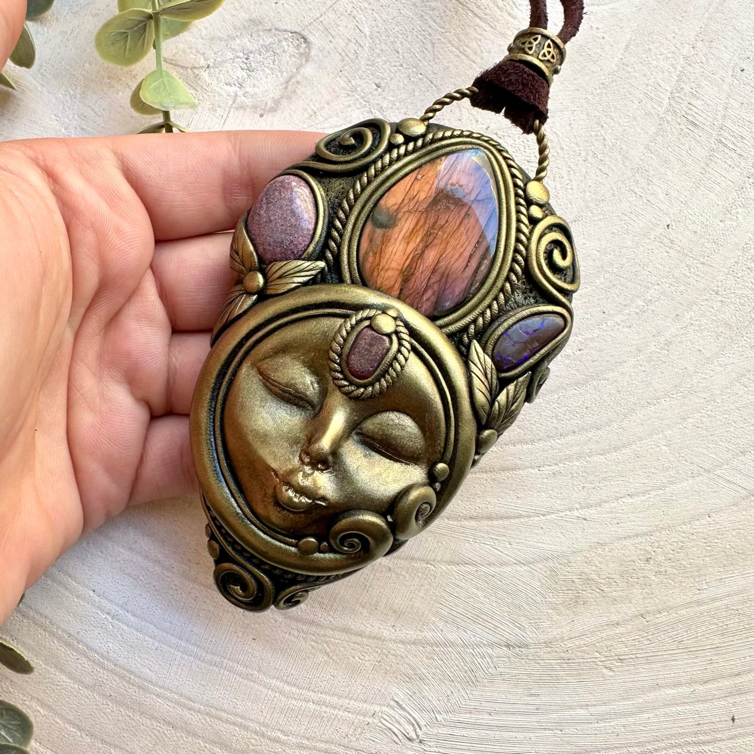 Goddess gemstone necklace with sunset labradorite stichtite ruby and boulder opal