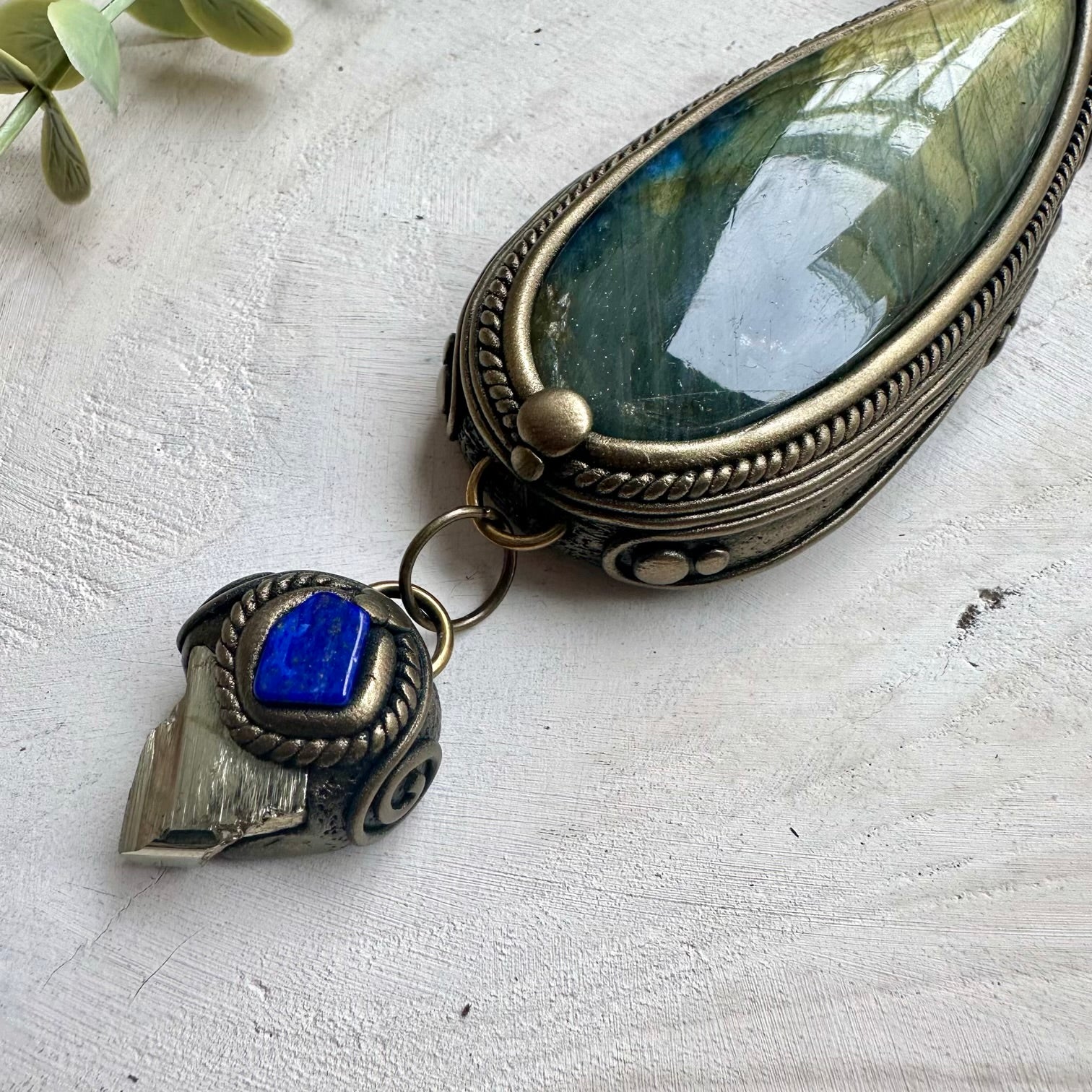 Artisan made gemstone necklace with gold labradorite and lapis lazuli