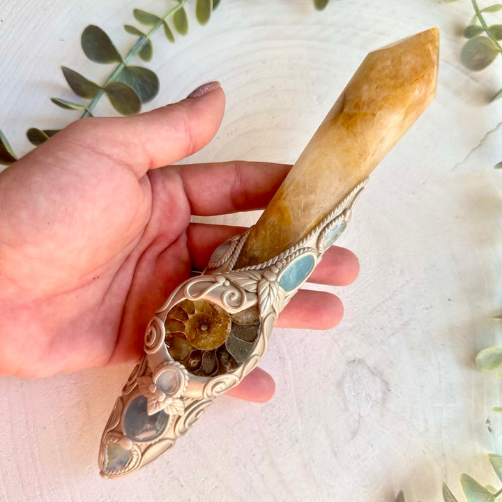 Healing crystal wand with Golden Healer Ammonite Aquamarine Celestite Blue Topaz and Raw Ethiopian Opal handmade energy tool