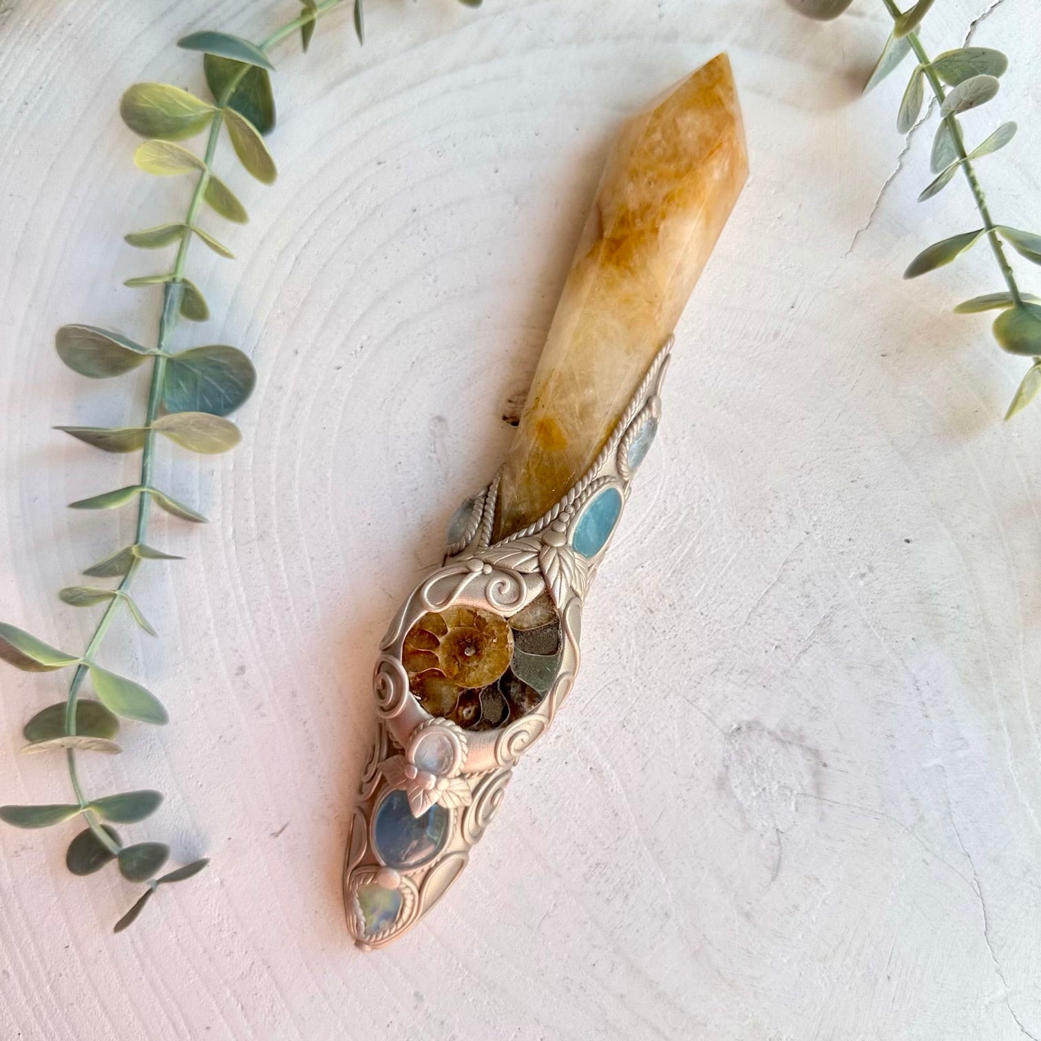 Crystal talisman wand with Golden Healer Aquamarine Celestite and Blue Topaz healing crystals