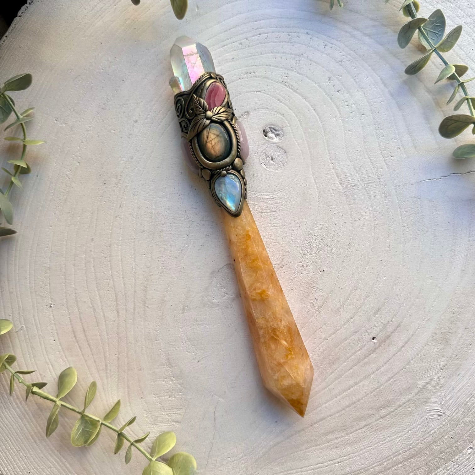 Spiritual raw crystal wand with golden healer and rainbow moonstone
