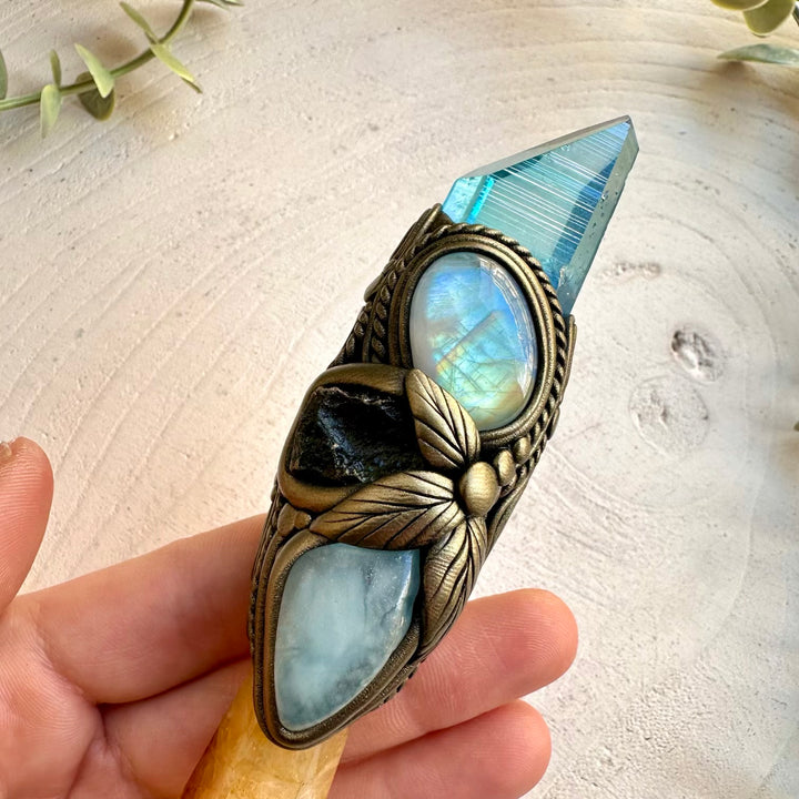 Unique gemstone wand with aquamarine and moonstone
