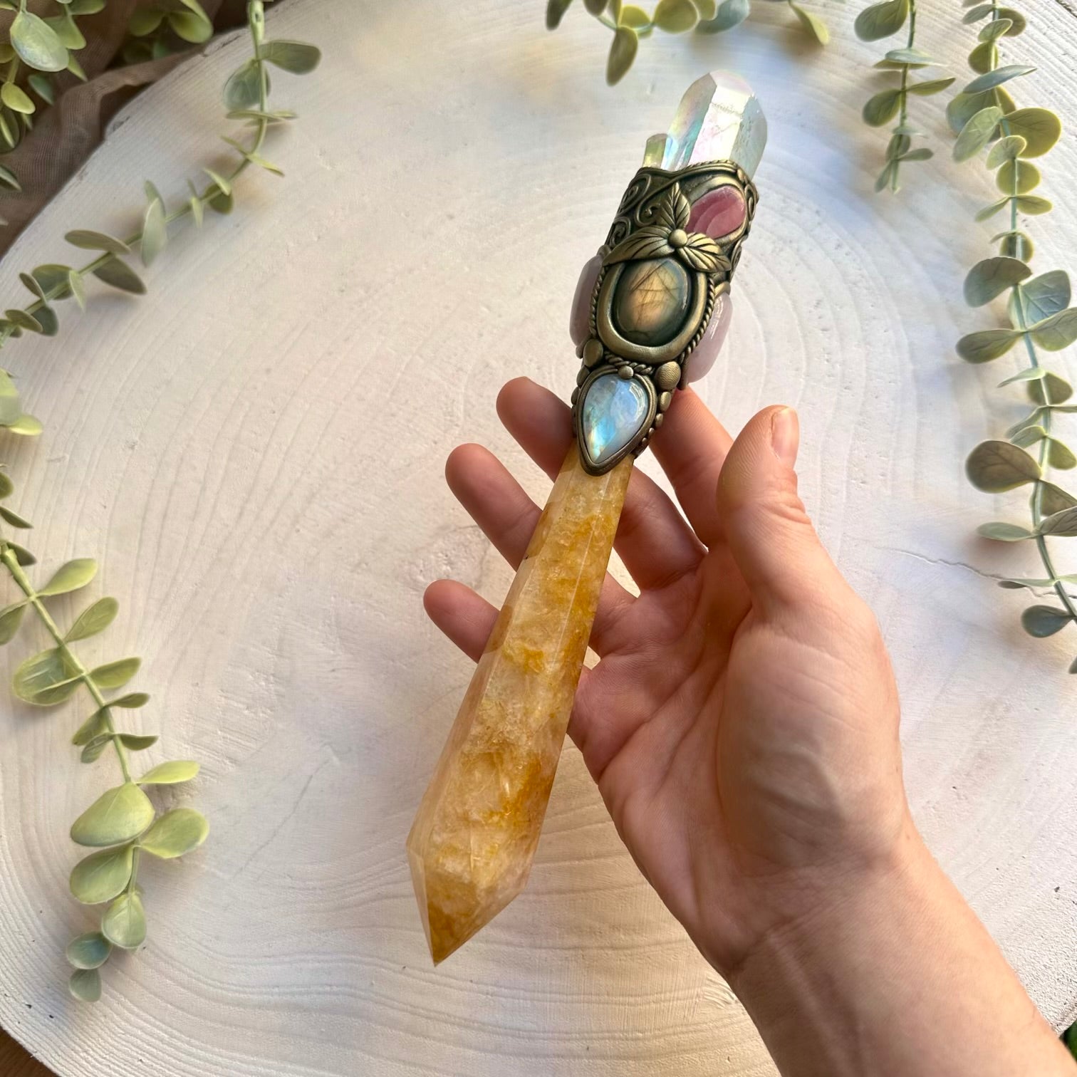 Golden healer crystal wand with angel aura quartz and rhodochrosite