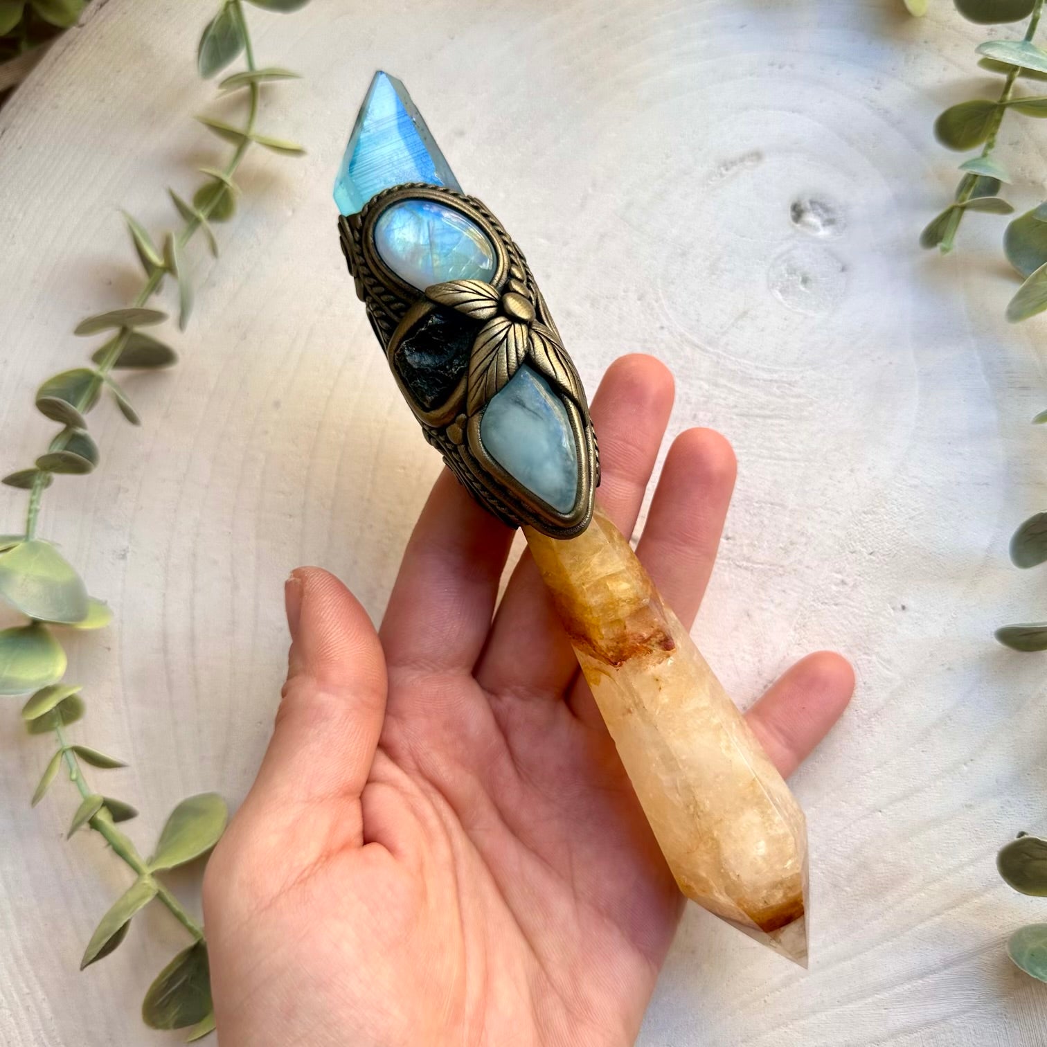Golden healer crystal wand with aqua aura quartz and moldavite