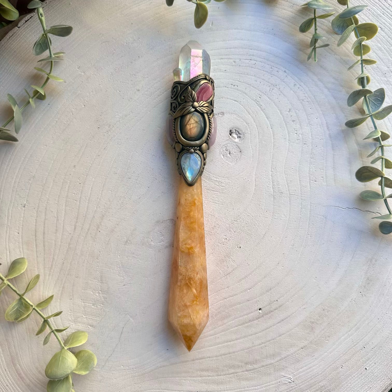 Handmade healing crystal wand featuring golden healer and labradorite