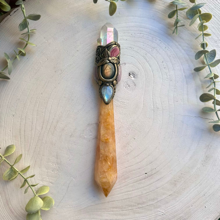 Handmade healing crystal wand featuring golden healer and labradorite
