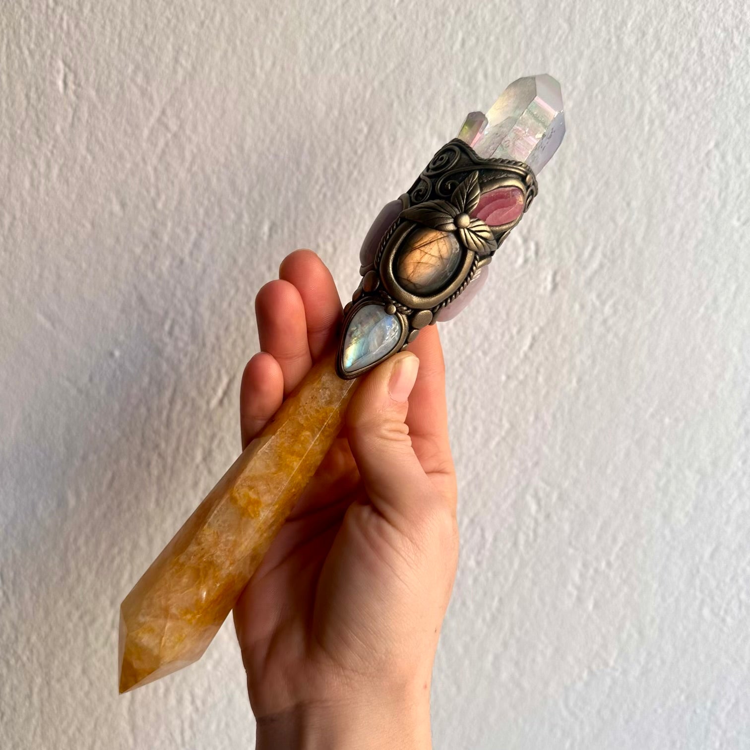 Goddess crystal wand with golden healer and rhodochrosite