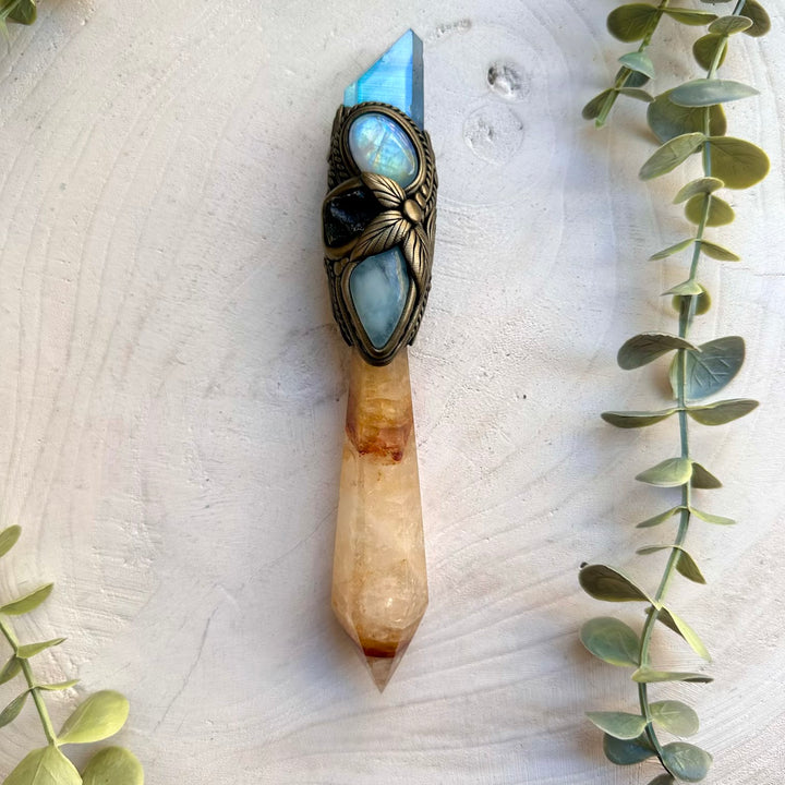 Handmade spiritual wand featuring golden healer and rainbow moonstone