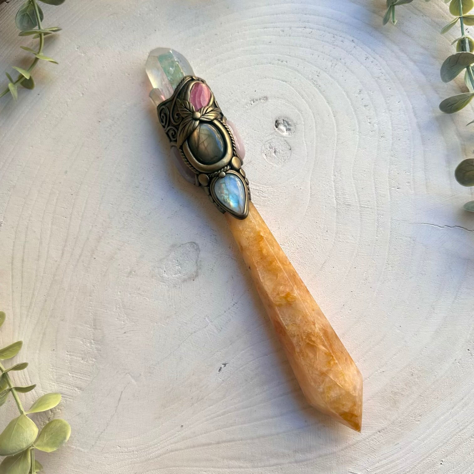 Energy healing wand featuring golden healer and labradorite